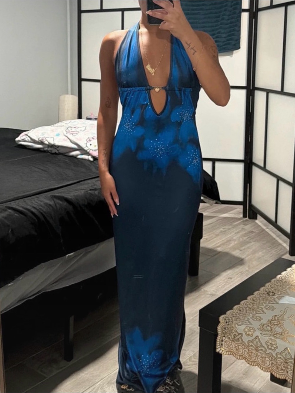 SHEIN Blue Halter Plunge Maxi Dress with Sparkle Accents